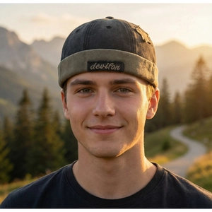 Detail of color-block docker hat with devifon patch against a scenic mountain backdrop