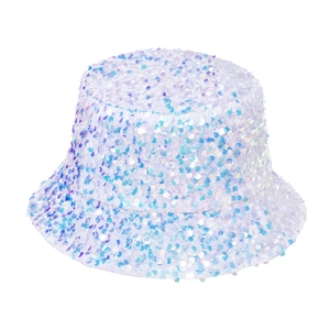 Close-up of holographic sequins on a bucket hat showing blue and purple light reflections