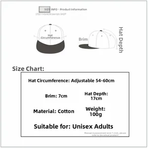 Detailed size chart for distressed cotton baseball cap showing adjustable 54-60cm circumference
