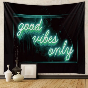 Bohemian black tapestry with green neon Good Vibes Only text for wall decor