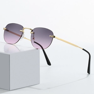 Fashion rimless oval sunglasses with purple gradient lenses and gold metal temples