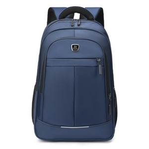 Front view of a dark blue minimalist large capacity laptop backpack for travel
