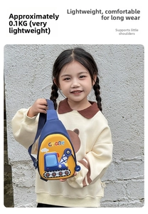 Detailed view of lightweight blue and yellow cartoon crane chest bag for kids on model