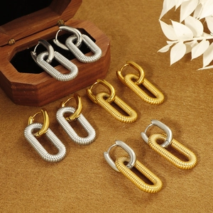 Chunky Double Hoop Earrings For Women 18K Gold Plated Stainless Steel Intertwined Oval Geometric Textured Thread Dangle