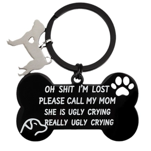 Black bone-shaped stainless steel pet ID tag with funny engraved text and dog silhouette charm