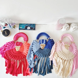 Handmade Crochet Shoulder Bag Polyester Yarn Woven Crossbody With Fringe Tassel And Metal Chain Women Bohemian Style