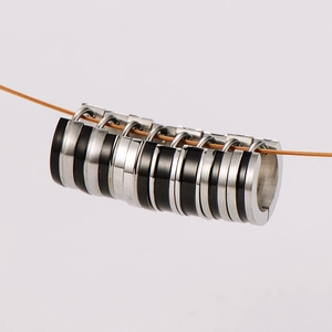 Minimalist black and silver stainless steel hoops on wire with a polished metallic finish