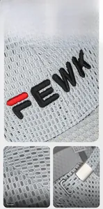 Detail view of breathable mesh baseball cap with FEWK embroidery and metal buckle closure
