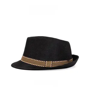 Side view of black straw fedora hat featuring a classic striped band on white background