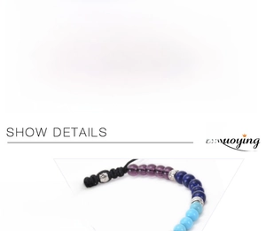 Detail view of 4mm natural stone chakra beads on adjustable braided rope bracelet