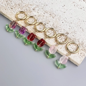 18K gold plated stainless steel tulip dangle earrings set in purple, red and pink