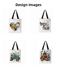 Detail of four Halloween canvas tote bags with pumpkin, gnome, and skull festive prints