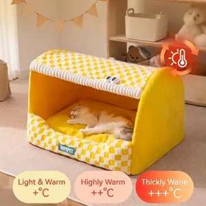 Warm semi-enclosed pet bed with yellow checkered pattern and plush cushioned interior