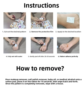 Step-by-step guide showing how to apply and remove glitter mermaid scale temporary tattoos