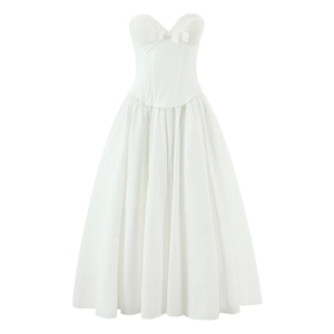 Detail of elegant white corset dress with corset bodice and front bow decoration