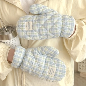 Moufle d'hiver matelassée à carreaux avec doublure polaire chaude pour femmes