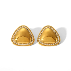 Minimalist gold triangle stud earrings with clear sparkling crystals in high polish