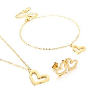Elegant gold hollow heart necklace, bracelet, and earrings jewelry set in stainless steel