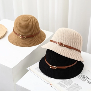 Three knit bucket hats with leather belts in khaki, beige, and black colors