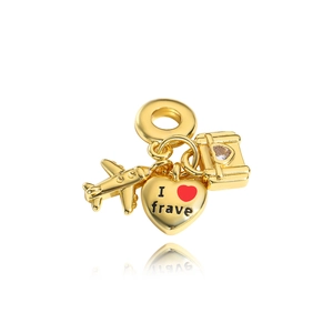 Golden travel charm set with airplane, suitcase and heart pendant for charm bracelets
