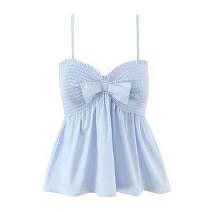 Camisole bleu clair à volants avec grand nœud et bustier froncé pour femme