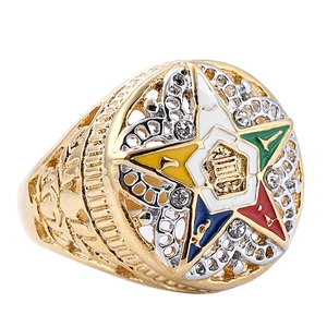 Vintage Order of the Eastern Star ring in gold finish with colorful enamel star and crystals