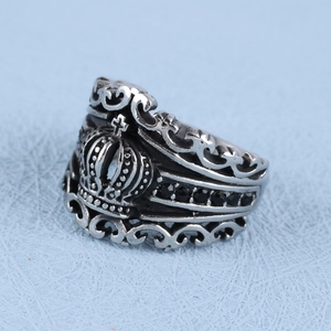 Vintage stainless steel crown ring with black gemstones and gothic cross engraving