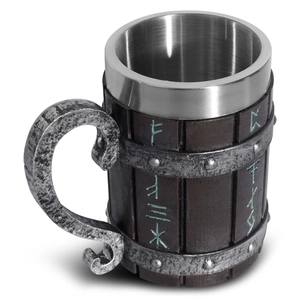 Detail of Viking beer mug with stainless steel liner and resin barrel design