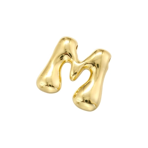 Polished gold liquid metal style letter M charm bead with a glossy mirror finish surface