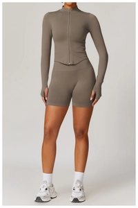 Détails du short de sport sans couture à taille haute et manches avec passe-pouce taupe