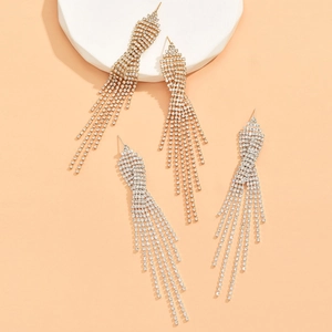 Sparkling long tassel drop earrings in gold and silver finish with crystal accents