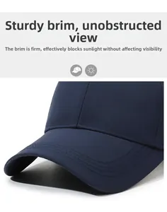 Close-up of structured navy blue baseball cap brim with durable parallel stitching detail