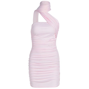 Robe courte moulante à col licou rose avec détails froncés et dos nu sexy pour femme