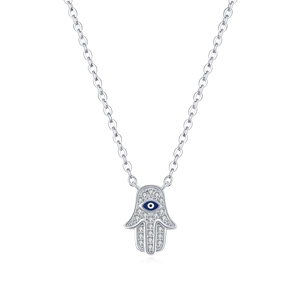 Collier avec pendentif main de Hamsa en argent S925 avec œil bleu et cristaux brillants