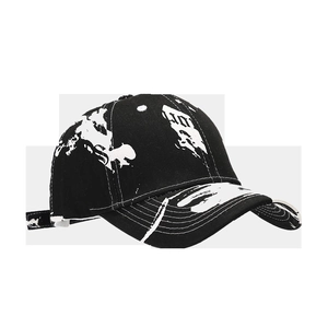 Detail view of graffiti-style printed baseball cap with reinforced stitching and curved brim