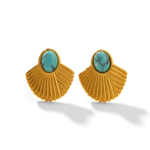 Retro 18K gold-plated stainless steel ribbed fan earrings with inlaid turquoise stones