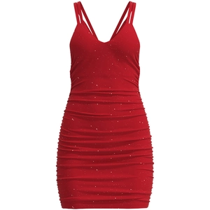 Sexy red glitter backless bodycon dress with spaghetti straps and ruched detailing