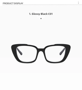 Detailed view of the cat-eye glasses frame in bright black finish with C01 color code