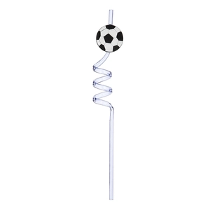 Detail of a spiral plastic drinking straw featuring a black and white soccer ball ornament