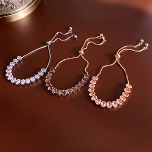 Adjustable Oval Cubic Zirconia Bracelet Copper Metal Elegant Slide Clasp Wrist Jewelry For Women Light Luxury