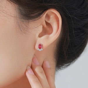 S925 sterling silver goldfish earring set with red gemstone and white diamonds