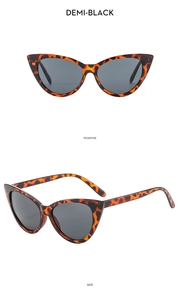 Detailed views of tortoiseshell cat eye sunglasses with grey lenses in demi-black finish