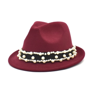 Deep wine red wool fedora hat with elegant faux pearl ribbon trim for women