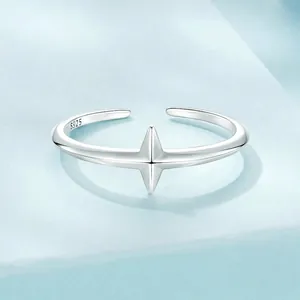 S925 sterling silver minimalist four-pointed star open ring with polished finish