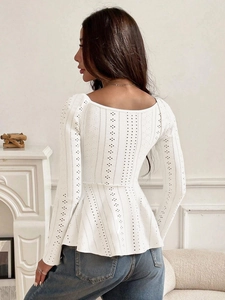 Elegant white pointelle knit long sleeve peplum top with square back design for women