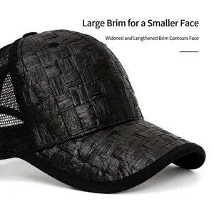Breathable black woven trucker hat with wide brim and mesh back for outdoor sun protection
