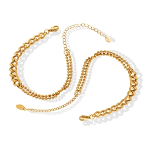 Handcrafted double-layered 18k gold bead and flat chain bracelet with adjustable link