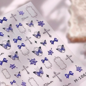 Adesivi per unghie 3D retrò viola con fiocchi e farfalle in rilievo e motivi floreali vintage