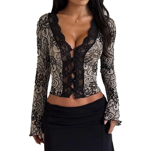 Sexy V-neck long sleeve lace cardigan in black and white patchwork for women