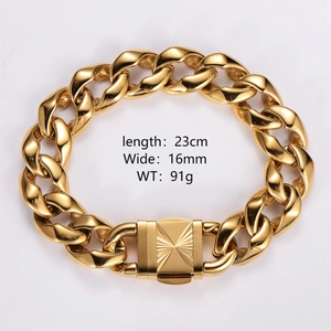 Detail of a 16mm gold Cuban link bracelet with 23cm length and 91g weight specs